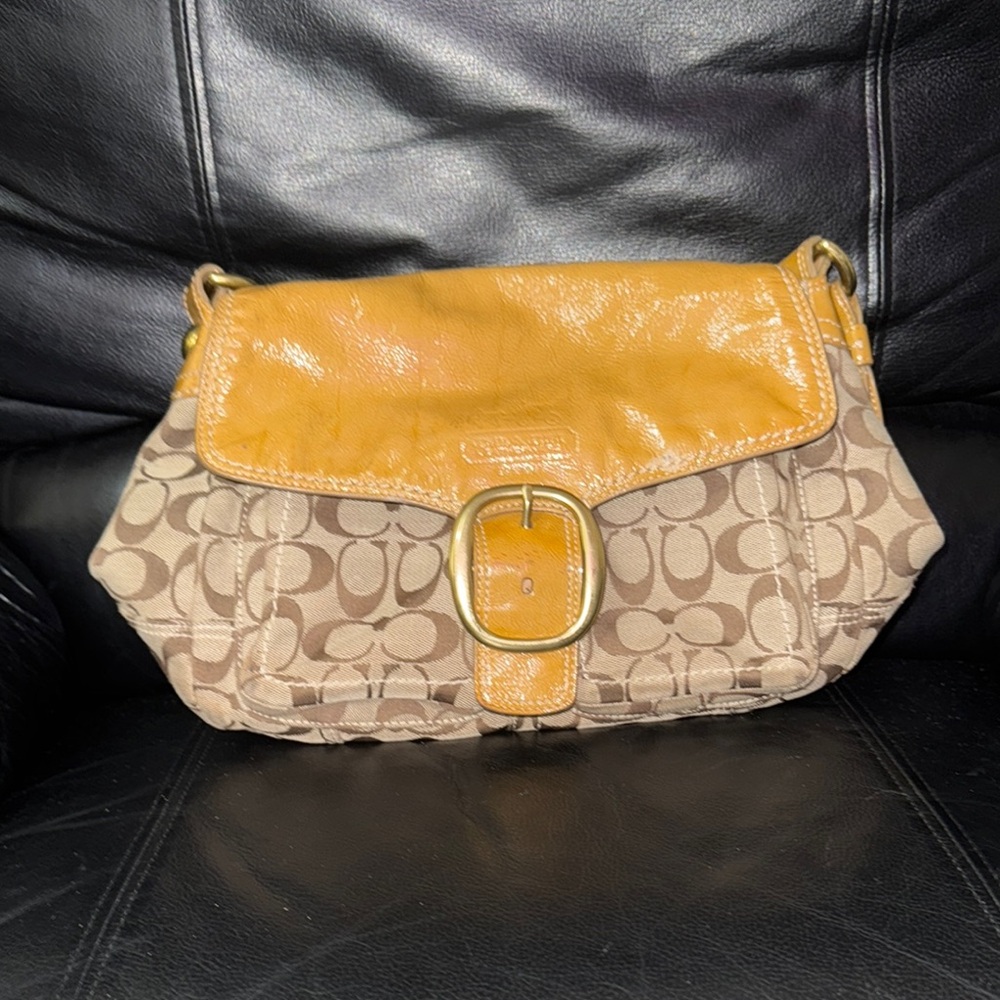 Coach Tan and Yellow Shoulder Bag with Signature Monogram